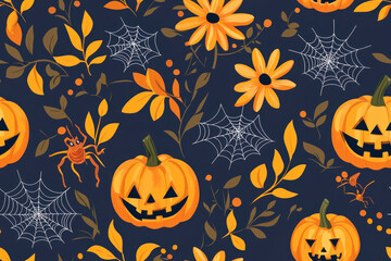 Wall Mural - Seamless pattern on a Halloween theme with pumpkins, cobwebs with spiders and seasonal flowers.