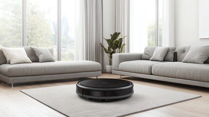 Modern living room with a robotic vacuum cleaner on a rug, featuring stylish furniture and large windows for natural light.