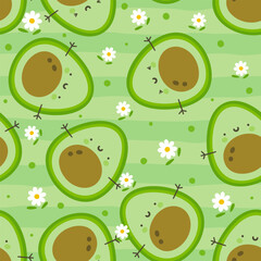 Wall Mural - Avocado food cute hand drawn with flowers, kids green seamless pattern background