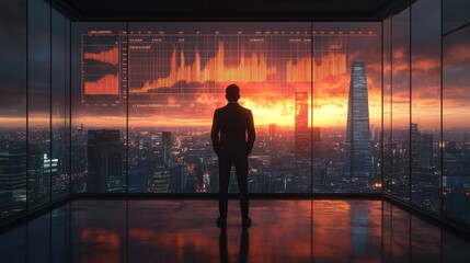 A businessman looking out at a cityscape with growth charts reflected on a large window, symbolizing success.