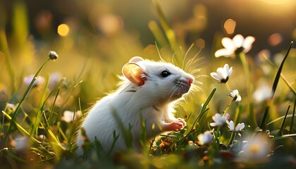 Charming white mouse amidst a sunlit meadow adorned with delicate flowers, capturing a serene and dreamlike ambiance.