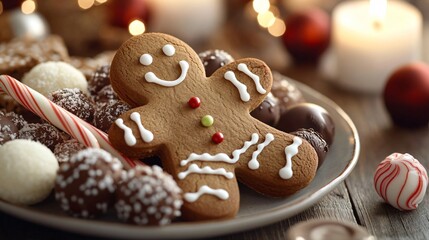 A gingerbread man lounging on a plate of holiday treats, surrounded by sugar cookies, peppermint sticks, and chocolate truffles, with soft candlelight in the background