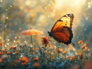 Aufkleber - A radiant monarch butterfly with striking orange and black wings resting on an orange flower, surrounded by dreamy bokeh light and gentle ambiance in a tranquil meadow.