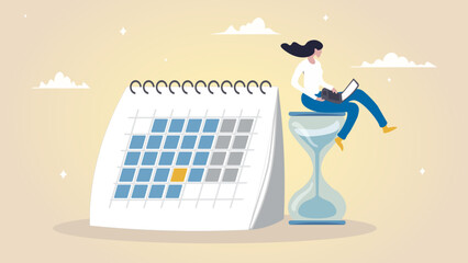 Calendar deadline to finish work, time countdown to launch date, reminder or planner, organize work or project management concept, businesswoman work computer laptop on sandglass and calendar date.