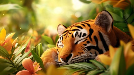 A cute tiger naps peacefully amongst vibrant tropical foliage, radiating tranquility and the beauty of nature.