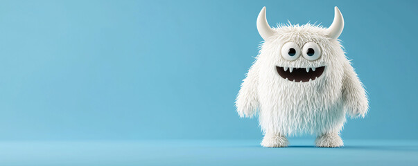 Wall Mural - Fluffy round monster with horns bounces in happiness against blue background, showcasing its playful and cheerful demeanor