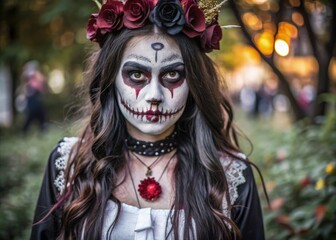 A woman in scary Halloween cosplay poses outdoors during the autumn festival. Generative AI