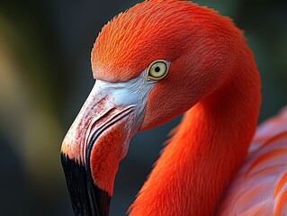 Aufkleber - A captivating photograph showing the face of a bright red flamingo, highlighting the intricate textures of its feathers and beak, with a sharp focus on its expressive eye.