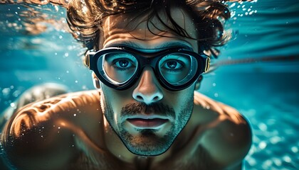 determined swimmer with goggles navigating clear blue waters, engaging with the camera underwater