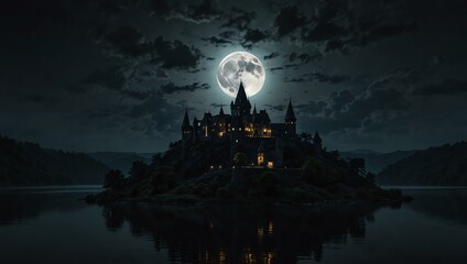 Dark castle on a hill with a full moon and river reflection.