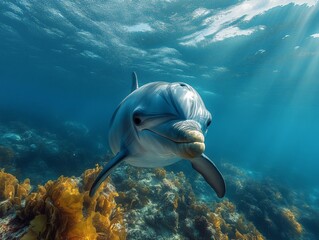 Poster - A dolphin gracefully swimming underwater in a clear blue ocean, with rays of sunlight piercing through and highlighting its movements.
