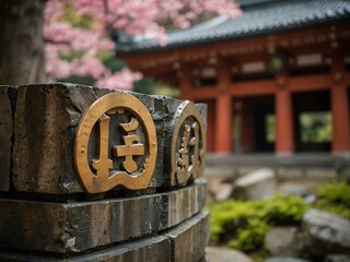 Detail of Japanese shrine architecture with Sakura crest