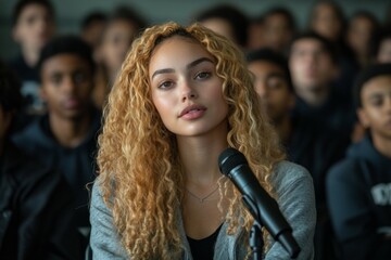 an elegant woman speaking at a microphone