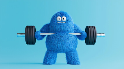 Wall Mural - Fluffy blue monster lifting weights, showcasing strength and determination in vibrant setting. This animated character embodies fitness and fun, perfect for engaging visuals