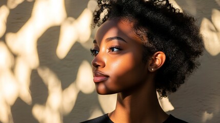 Poster - Serene young woman in sunlight with shadow patterns