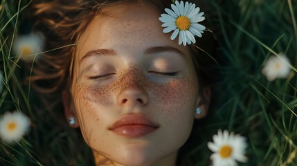 Poster - A young woman with her eyes closed and a daisy in her hair, lying in a field of grass.