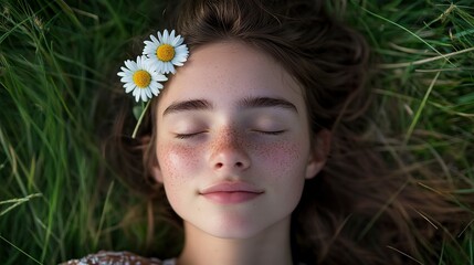 A young woman with her eyes closed and a daisy in her hair, lying in a field of grass.