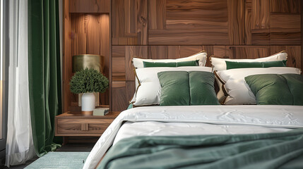 Modern bedroom close up. Wooden headboard in white and green tones.