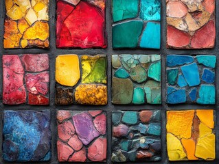 Poster - A vibrant and colorful mosaic made of textured, cracked, and broken tiles arranged creatively, exemplifying a blend of artistry and intricate craftsmanship in an abstract setting.