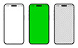 © dlyastokiv - New iPhone 16 Pro and iPhone 16 Pro Max mockup of the new mobile phones. Smartphone mockup set with white empty transparent, white, green touch screen