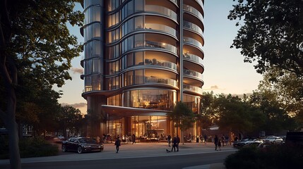 Wall Mural - A modern, luxury apartment building with large windows and a curved facade, lit by the warm glow of the setting sun. People walk by on the sidewalk, enjoying the evening.