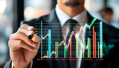 Wall Mural - Businessman Analyzing Virtual Hologram Graphs for Stock Market Trends and Financial Growth in Investment and Forex Exchange