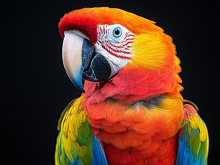 Aufkleber - A bright parrot's close-up reveals intricate feather patterns, showcasing a burst of colors. Set against a black background, the bird's plumage becomes a visual spectacle.
