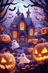 Wall Mural - Haunted Halloween Night with Spooky House, Carved Pumpkins, and Ghostly Figures