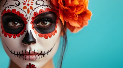 A close up of a Mexican woman’s face with delicate sugar skull makeup, against a minimalist pale blue background with soft, diffused light