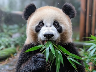 Poster - A panda peacefully eating bamboo in a lush, green environment, displaying its gentle and serene nature, surrounded by the natural beauty and tranquility of its habitat.