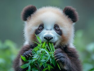 A close-up of a panda enjoying its meal of bamboo leaves in a lush, green environment, symbolizing the tranquility and simplicity of nature.