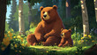 © LadadikArt - Big Bear With Small Cub Sitting In Forest Clearing Cartoon Illustration For Childrens Book Adorable Bear Family Forest Clearing Cozy Scene Kids Storybook Tender Moment