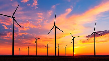 Wall Mural - As the sun sets, wind turbines form striking silhouettes against the sky.