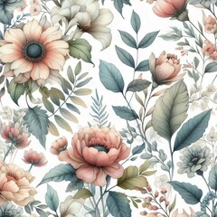 Wall Mural - floral seamless pattern with drawing watercolor abstract flowers and plants