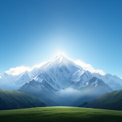 A 3D breathtaking mountain landscape under a clear blue sky, showcasing the majesty of nature and serene beauty.