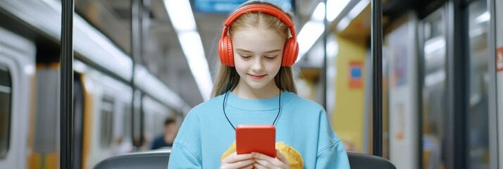 A teenage girl wearing red headphones uses her smartphone while riding public transportation. She is focused on her phone and listening to music, showcasing the modern lifestyle of teens.