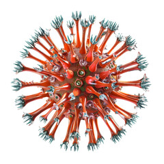 Poster - a close-up view of a vibrant virus model showing intricate structures and features under bright ligh