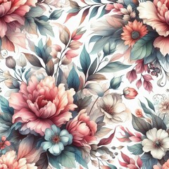 floral seamless pattern with drawing watercolor abstract flowers and plants