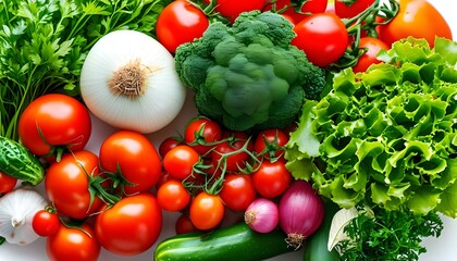 Colorful array of fresh vegetables showcasing vibrant tomatoes, onions, and greens for a healthy, organic salad experience