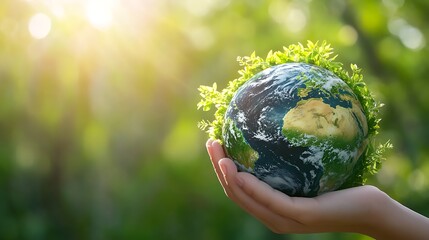 A pair of hands hold a globe with green shoots growing from it, with a blurred green background.