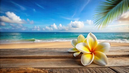 Tropical style Mother's Day card background featuring wooden font and plumeria flower on a summer beach backdrop