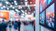 © Bi - Blurred of Trade fair expo trade show booth international business convention event showcase center with large scale crowd of people gathering to see product and service display