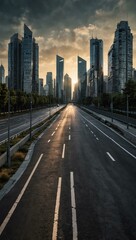 Empty urban road with city buildings; modern highway concept.