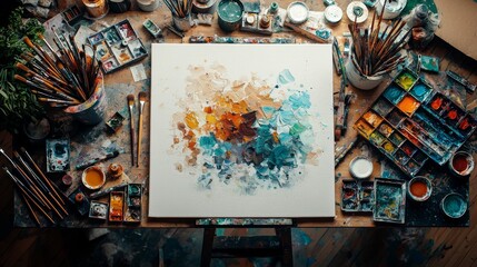 Artist s Workspace with Palette  Brushes  and Canvas