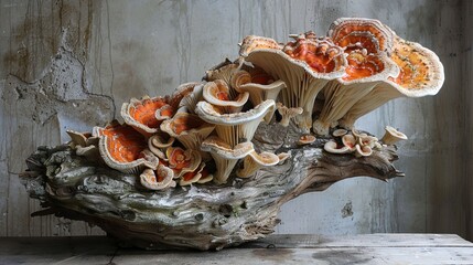 Wall Mural - Orange and White Mushrooms on a Piece of Wood