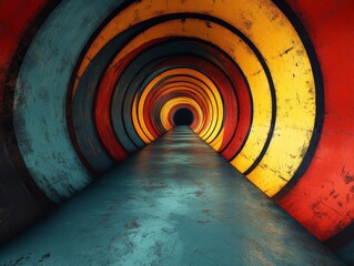 Leinwandbilder - This image portrays a mesmerizing tunnel featuring concentric circles in vibrant hues of orange, yellow, red, and blue, creating a dynamic visual effect.