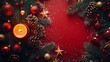 © A4719 - Festive Christmas Background with Candle  Pine Cones  and Ornaments