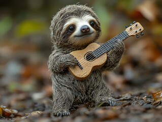 A cute sloth holding a small guitar in a natural setting with a mix of green and brown background tones, showcasing the sloth's endearing personality and peaceful environment.