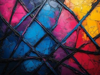 Leinwandbilder - A visually striking abstract artwork featuring textured surfaces with intersecting lines in bold colors such as blue, red, and yellow, evoking emotion and modernist influences.