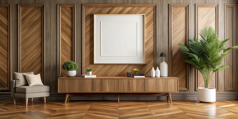 Empty poster frame hanging on a decorative wooden wall in a living room with a TV cabinet and wooden parquet flooring